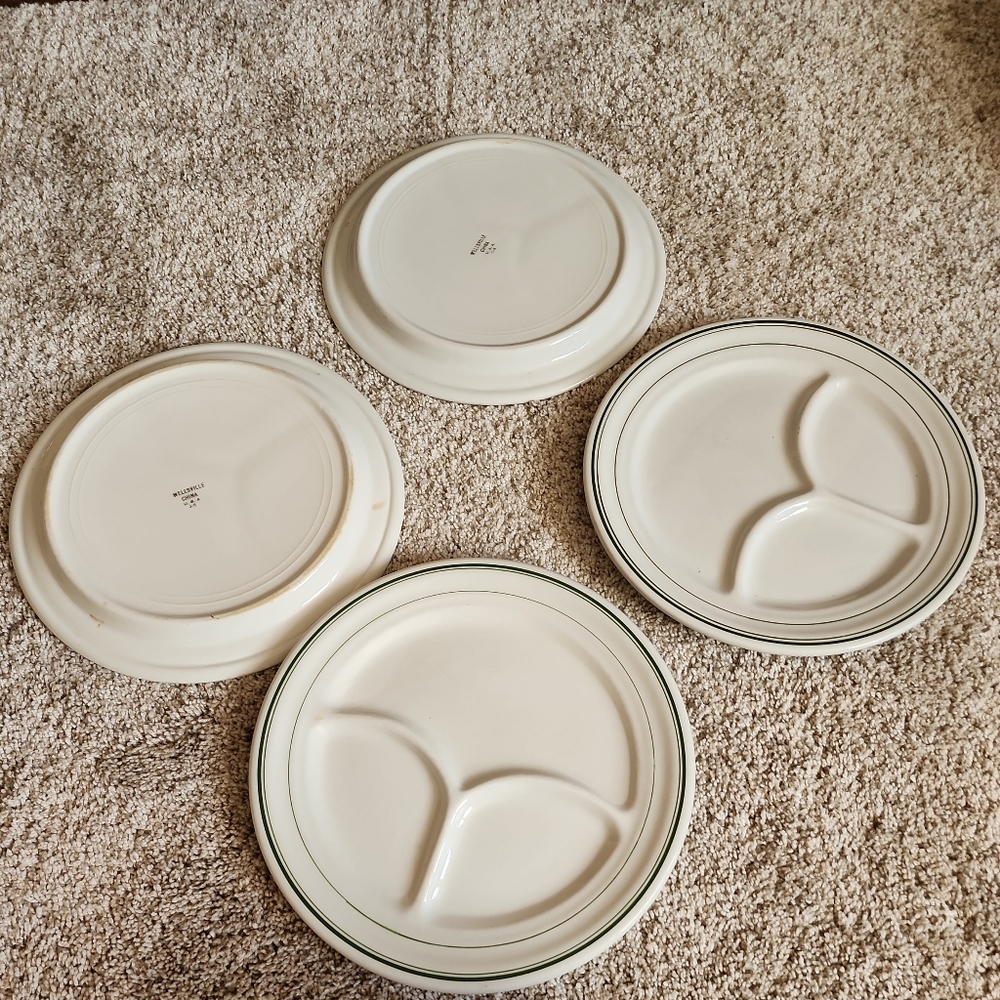 WELLSVILLE CHINA Restaurantware Divided Grill Plates Set 4 Green Stripe
